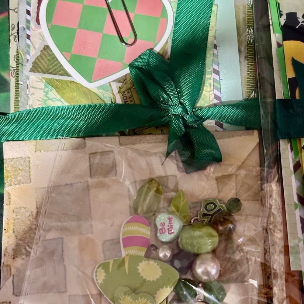 Green Junk journal scrapbook mystery scrap cut supplies ephemera beads collage - Picture 3 of 7